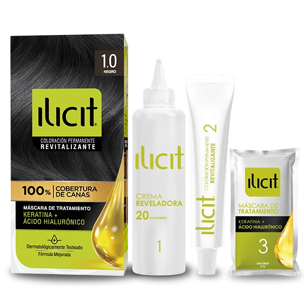 Envase de tintura de pelo Ilicit acompañado con el envase de 