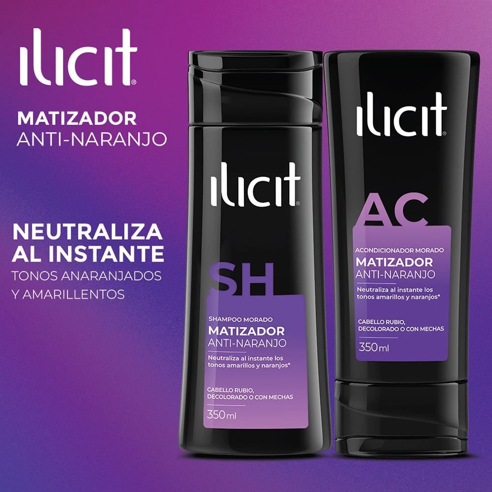 Dos envases, Shampoo y acondicionador, de Ilicit y a un costado la frase 