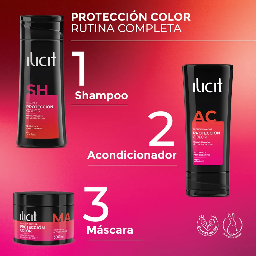 Protección Color rutina completa: 1. Shampoo Ilicit, 2. Acondicionador, 3. Máscara