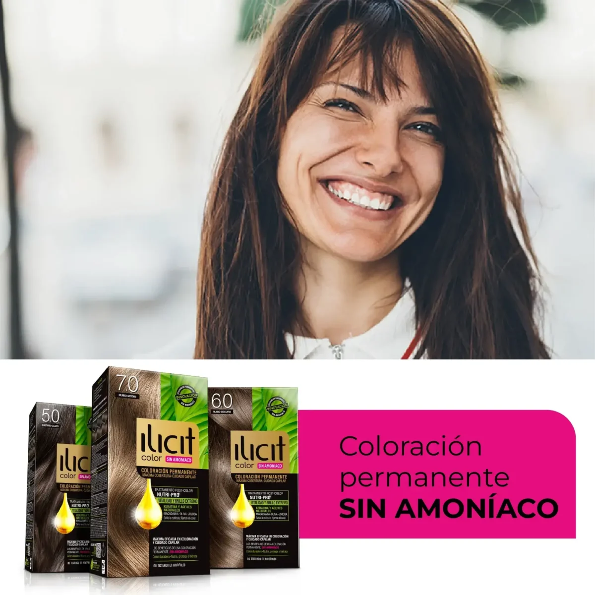 Mujer sonríe a la cámara. Abajo envases de tinturas sin amoniacos acompañados de la frase 
