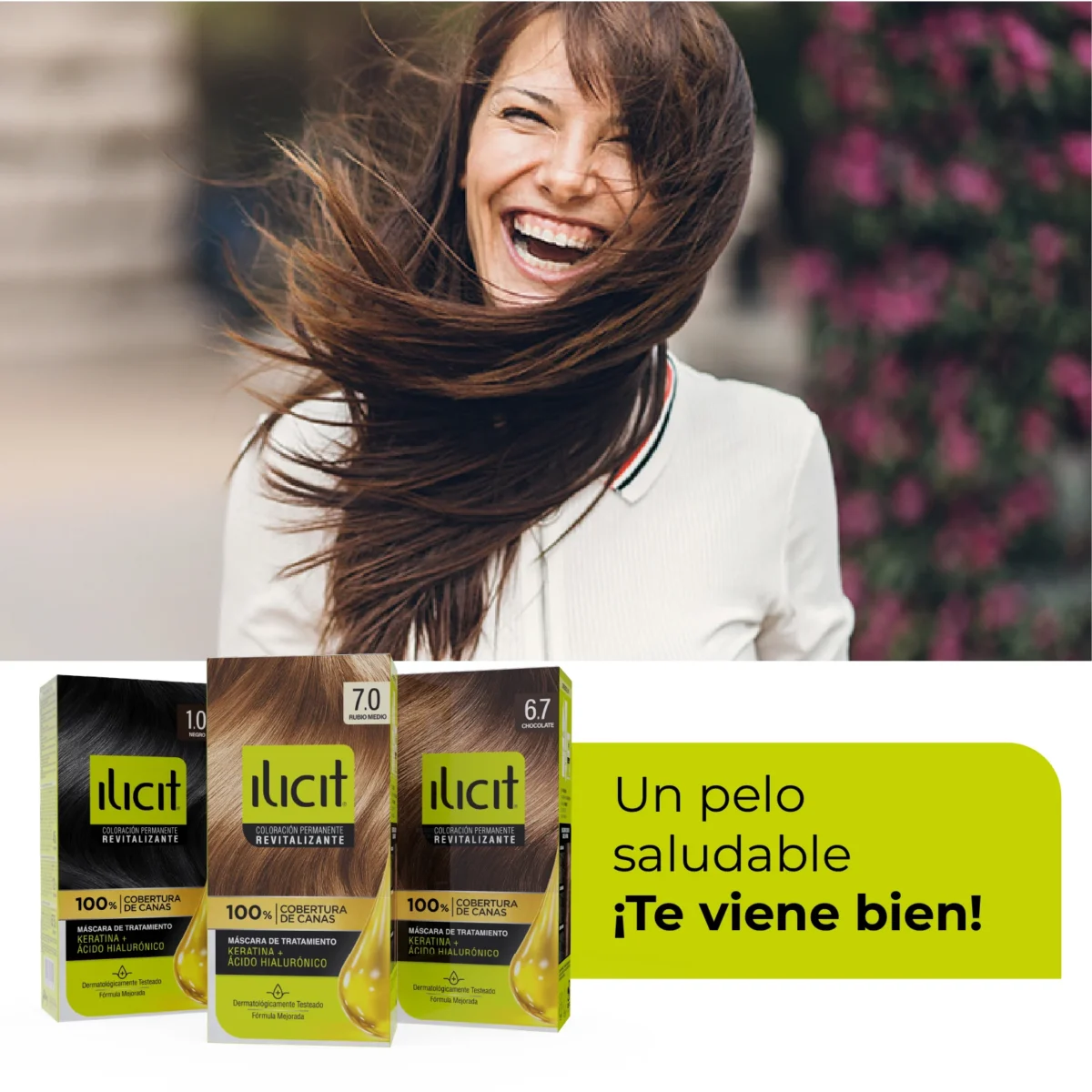 Mujer sonríe con su pelo al viento. Envases de tinturas de pelo acompañados de la frase 