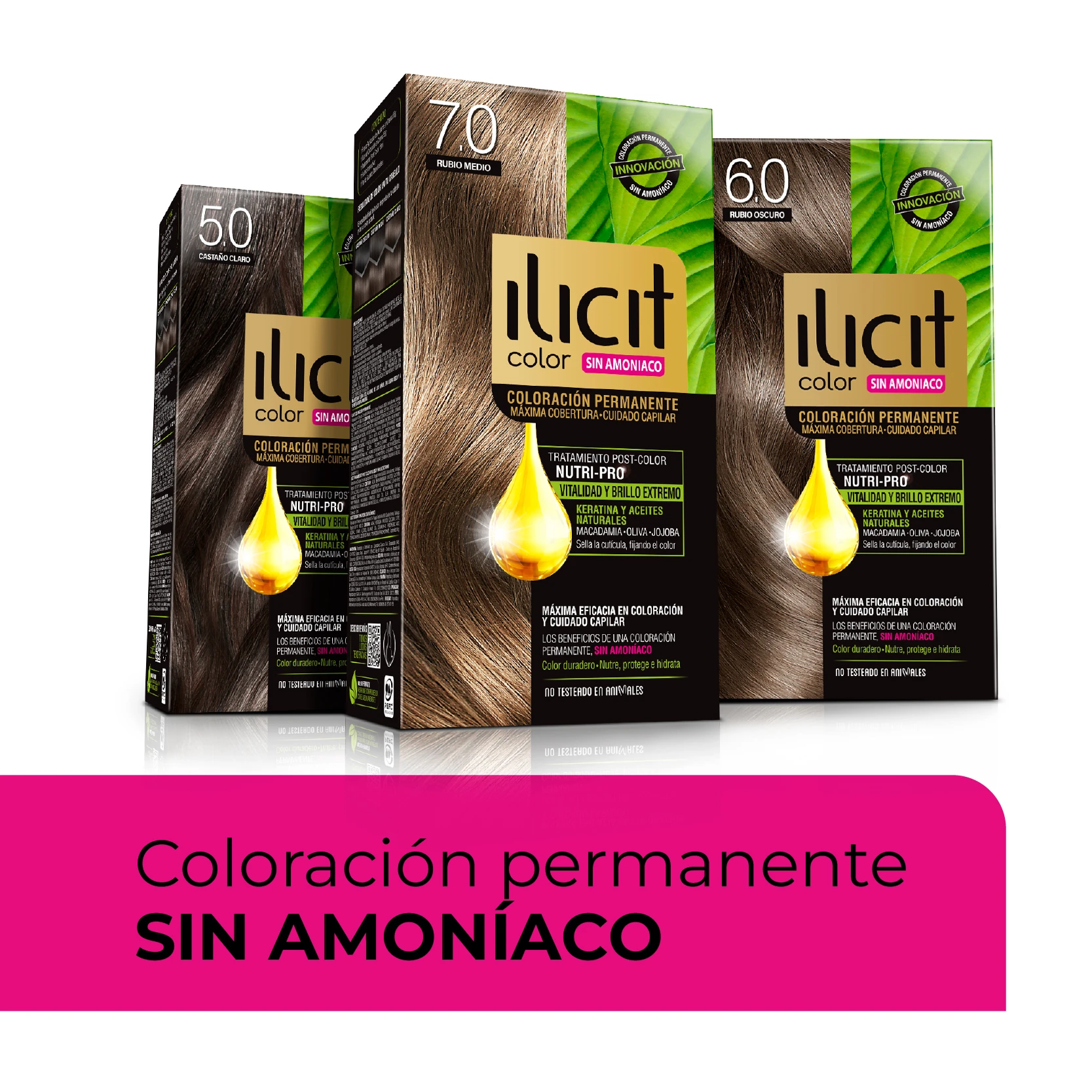 Envases de tinturas de pelo Ilicit acompañados de la frase 